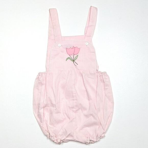 Vintage Sweet Temptations Sunsuit Girls Size 18m Pink Stripe Tulip Bubble Romper - Picture 1 of 3